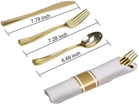 img 2 attached to 🍽️ 30 Pack Pre Rolled Gold Plastic Cutlery - Disposable Utensils Set with 30 Forks, 30 Knives, 30 Spoons, and 30 Napkins for Parties and Weddings