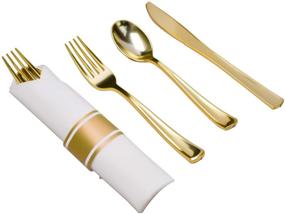img 3 attached to 🍽️ 30 Pack Pre Rolled Gold Plastic Cutlery - Disposable Utensils Set with 30 Forks, 30 Knives, 30 Spoons, and 30 Napkins for Parties and Weddings