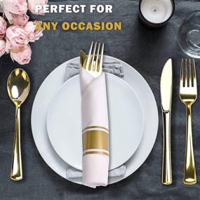 img 1 attached to 🍽️ 30 Pack Pre Rolled Gold Plastic Cutlery - Disposable Utensils Set with 30 Forks, 30 Knives, 30 Spoons, and 30 Napkins for Parties and Weddings