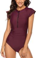 👙 lu's chic women's zip-one piece rash guard swimsuit – stylish solid surf cap sleeve bathing suit for surfing logo