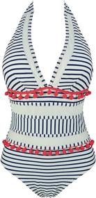 img 3 attached to 👙 COCOSHIP Women's Plunging Neck Striped Mesh One Piece Backless Bather Swimsuit with Pom Pom Tassel Detail - Stylish Swimwear