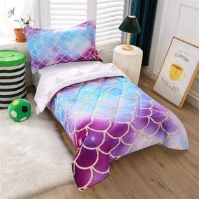 img 3 attached to 🧜 Wowelife 4-Piece Mermaid Scale Toddler Comforter Set - Comforter, Flat Sheet, Fitted Sheet, Reversible Pillowcase - Purple, Pink & Blue (Purple Mermaid)