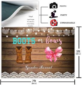 img 3 attached to 👧 COMOPHOTO 7x5ft Gender Reveal Backdrop: Boots or Bows for Boy and Girl Baby Shower Photography, Rustic Wooden Cowboy Boots Lace Party Decoration, Cake Table Banner Photo Booth