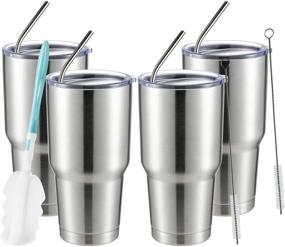 img 4 attached to 🥤 COMOOO 30oz Stainless Steel Tumbler Bulk - Insulated Coffee Cup Set with Lid and Straw - Double Wall Vacuum Travel Mug - Thermal for Hot and Cold Drinks - Silver (Pack of 4)