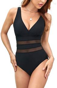 img 4 attached to 💃 Husmeu Women's Plus Size Tummy Control One Piece Swimsuit – V Neck Mesh Monokini Swimwear for Slimming and Bathing Suit Confidence