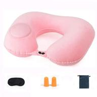 🌸 inflatable travel pillow bundle: air neck pillow with cool fabric, self pump up, eye mask, earbuds & reusable bag - pink logo