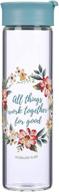 🌸 turquoise glass water bottle with romans 8:28 floral wreath - christian art gifts, 20oz логотип