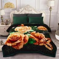 🌹 jml heavy fleece blanket, plush velvet korean style mink queen size blanket 79"x91", reversible two ply raschel blanket - silky soft, thick bed warm blanket that is wrinkle and fade resistant, dark green rose logo