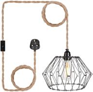 🔌 industrial hemp rope pendant light - adjustable 15ft(4.5m) hanging lamp kit, farmhouse plug-in with switch, 7 shapes metal cage lampshade lighting fixtures, graphite finish - diy decor логотип