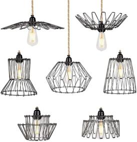 img 2 attached to 🔌 Industrial Hemp Rope Pendant Light - Adjustable 15FT(4.5m) Hanging Lamp Kit, Farmhouse Plug-in with Switch, 7 Shapes Metal Cage Lampshade Lighting Fixtures, Graphite Finish - DIY Decor