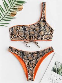 img 2 attached to 🐍 ZAFUL Snakeskin One Shoulder Reversible Bikini with Padded Lace Up - Trendy 2 Piece Swimwear for Women