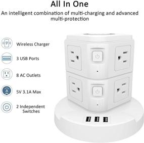 img 1 attached to 💡 BTU Power Strip Tower, Surge Protector Wireless Charging Station with 3 USB Ports, 13A 8 Outlet and 6.5ft Extension Cord Desktop Charging Tower for Smartphone Tablet, Home Office - White