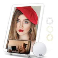 white lighted makeup vanity mirror with 20 led lights, 10x magnifying mirror, phone holder, touch sensor dimming, dual power supply, wall mount hanging light up mirror logo