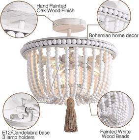 img 2 attached to 🌟 Boho Flush Mount Ceiling Light - 12.6-inch White Wood Beaded Chandelier, 3-Light Fixture for Bedroom, Hallway, Entryway, Foyer, and Nursery