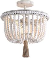 🌟 boho flush mount ceiling light - 12.6-inch white wood beaded chandelier, 3-light fixture for bedroom, hallway, entryway, foyer, and nursery логотип