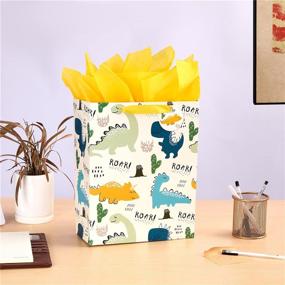 img 1 attached to 🦕 13-Inch Large Gift Bag with Tissue Paper for Children - Dinosaur Theme