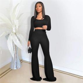 img 2 attached to 👗 Stylish Women's Two Piece Outfit: Crop Top + Flared Long Pants Sweat Suits | Ribbed Fit Tracksuits | Yoga Set