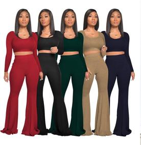 img 1 attached to 👗 Stylish Women's Two Piece Outfit: Crop Top + Flared Long Pants Sweat Suits | Ribbed Fit Tracksuits | Yoga Set