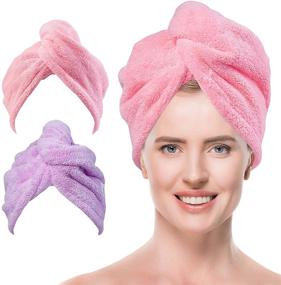 img 4 attached to 🎀 2 Pack Super Absorbent Microfiber Hair Towel Wrap for Women with Long Thick & Curly Hair - Quick Dry Hair Turban in Pink & Purple