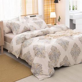 img 3 attached to JELLYMONI Damask Floral Duvet Cover Set - Cream 🌸 White Cotton Duvet Cover Set with Zipper Closure (3pcs, Queen Size)