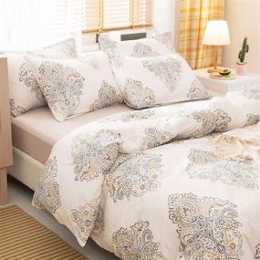 img 2 attached to JELLYMONI Damask Floral Duvet Cover Set - Cream 🌸 White Cotton Duvet Cover Set with Zipper Closure (3pcs, Queen Size)
