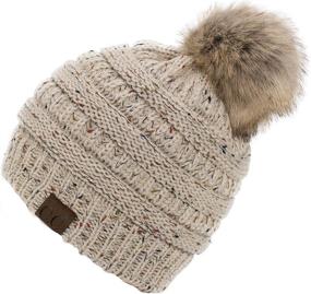 img 2 attached to 🧢 C.C Cable Knit Ribbed Skull Cap With Faux Fur Pom Pom, Trendy and Warm - Sherpa Fleece Lined Beanie Hat