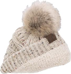 img 3 attached to 🧢 C.C Cable Knit Ribbed Skull Cap With Faux Fur Pom Pom, Trendy and Warm - Sherpa Fleece Lined Beanie Hat