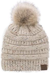 img 4 attached to 🧢 C.C Cable Knit Ribbed Skull Cap With Faux Fur Pom Pom, Trendy and Warm - Sherpa Fleece Lined Beanie Hat