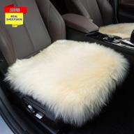 🧡 sheepskin seat cushion cover - winter warm, natural wool car seat covers - universal fit for most car, truck, suv, or van - front beige yellow logo