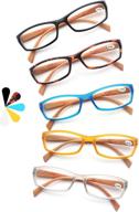 pack of 5 rectangular wood-look reading glasses with spring hinges for women and men, including 5 pouches logo