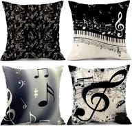 set of 4 black and white music pillow covers, 18x18 inches, with note piano and letters design, cotton linen cushion covers for bed decoration логотип