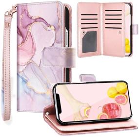 img 4 attached to Fingic Rose Gold Marble iPhone 12 Pro Max Wallet Case – 9 Card Holder 📱 PU Leather Detachable Wrist Strap Cover for Women, Compatible with Apple iPhone 12 Pro Max 6.7-inch