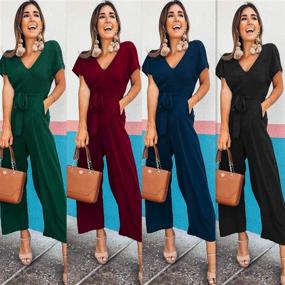 img 1 attached to 👖 ECOWISH Women's V Neck Short Sleeve Jumpsuit with Tie Waist, Pockets & Wide Pants - Casual, Stylish, and Comfortable