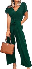 img 3 attached to 👖 ECOWISH Women's V Neck Short Sleeve Jumpsuit with Tie Waist, Pockets & Wide Pants - Casual, Stylish, and Comfortable