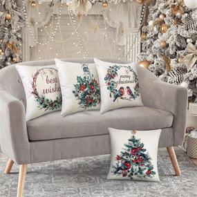 img 1 attached to 🎄 Set of 4 Christmas Pillow Covers 18x18 - Holiday Decorative Outdoor Pillows, Merry Christmas Bird Farmhouse Throw Pillow Cases - Winter Christmas Decorations