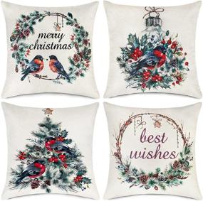 img 4 attached to 🎄 Set of 4 Christmas Pillow Covers 18x18 - Holiday Decorative Outdoor Pillows, Merry Christmas Bird Farmhouse Throw Pillow Cases - Winter Christmas Decorations