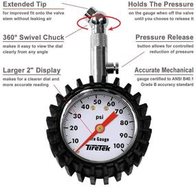 img 2 attached to Тонкомасштабный датчик давления в шинах TireTek - сертифицирован по стандарту ANSI, диапазон измерений 0-100 PSI, четкое светящееся циферблат для удобства - прочное оборудование для шин для грузовиков, внедорожников, автодомов, ремней, пикапов, мотоциклов и автомобилей.