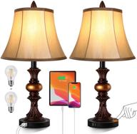 set of 2 touch control vintage bedside lamps with dual usb charging ports, 3-way dimmable bronze finish table lamps, bell shape faux silk shade for living room, bedroom logo