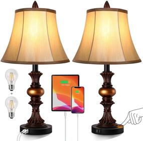 img 2 attached to Set of 2 Touch Control Vintage Bedside Lamps with Dual USB Charging Ports, 3-Way Dimmable Bronze Finish Table Lamps, Bell Shape Faux Silk Shade for Living Room, Bedroom