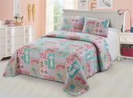 kids/girls/teens 2 piece coverlet bedspread quilt set with pillowcase - white pink turquoise purple cats dogs with hearts & flowers patchwork design - pets theme (twin) logo