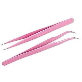 img 1 attached to 🔧 2-Piece Stainless Steel Tweezers Set for Eyelash Extensions – Pink Straight and Curved Tip Nippers for False Lash Application