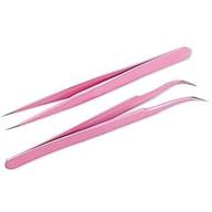 🔧 2-piece stainless steel tweezers set for eyelash extensions – pink straight and curved tip nippers for false lash application logo