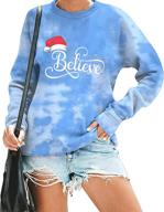 christmas funny graphic believe sweatshirt for women - lightweight blouse with xmas hat design, holiday cute tee tops logo