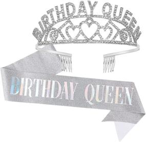 img 4 attached to 👑 Блестящая корона и пояс CAVETEE Silver Birthday Queen - Тиара и пояс с рассейнами для гламурной девичника - Шикарные украшения с многоцветными надписями.