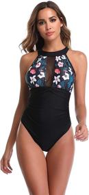 img 2 attached to Floral Mesh V Neck One Piece Swimsuit for Women - Halter Tummy Control Bathing Suit