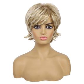 img 2 attached to 👩 Blonde Pixie Cut Wig for White Women: Natural Wavy Synthetic Hair with Bangs - Heat Resistant Hair Replacement