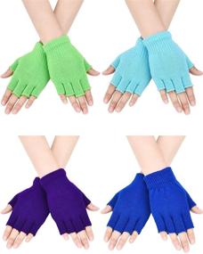 img 4 attached to Bememo 4 Pairs Fingerless Gloves Half Finger Mittens Solid Color Knitted Typing Gloves for Boys and Girls, Ideal for Winter