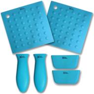 🍽️ kitchen addiction 6 piece silicone set: 2 hot handle holder sleeves, 2 trivet/potholder/grippers, 2 assist handles (turquoise) logo