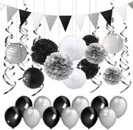 black and silver party decorations set: tissue paper pom poms, paper lanterns, pennant banner, and swirls pack for birthday party, bachelorette, retirement, graduation decorations logo
