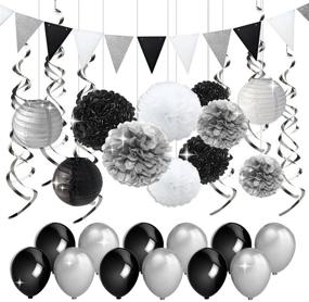 img 4 attached to Черно-серый набор для украшения вечеринки: цветные шары из тканевой бумаги, бумажные фонарики, вымпелы и спиральки для празднования дня рождения, девичника, выхода на пенсию и выпускного вечера.